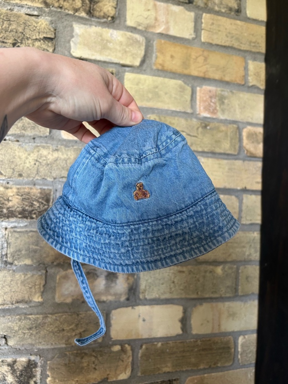 GAP Baby 0-3M Light Blue Denim Bucket Hat with Bear Patch